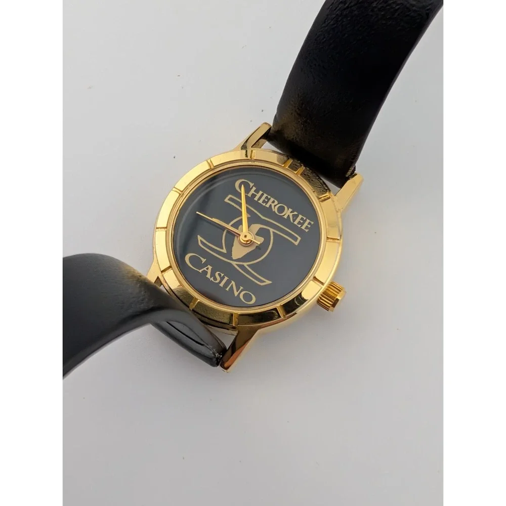 Cherokee Casino Watch Women 24mm‎ Gold Case Black Leather Band- New Battery